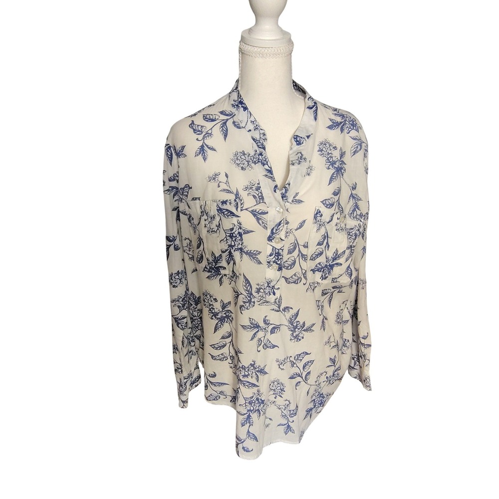 Eden & Olivia Womens White Blue Floral Toile Cotton Button Down Shirt Large